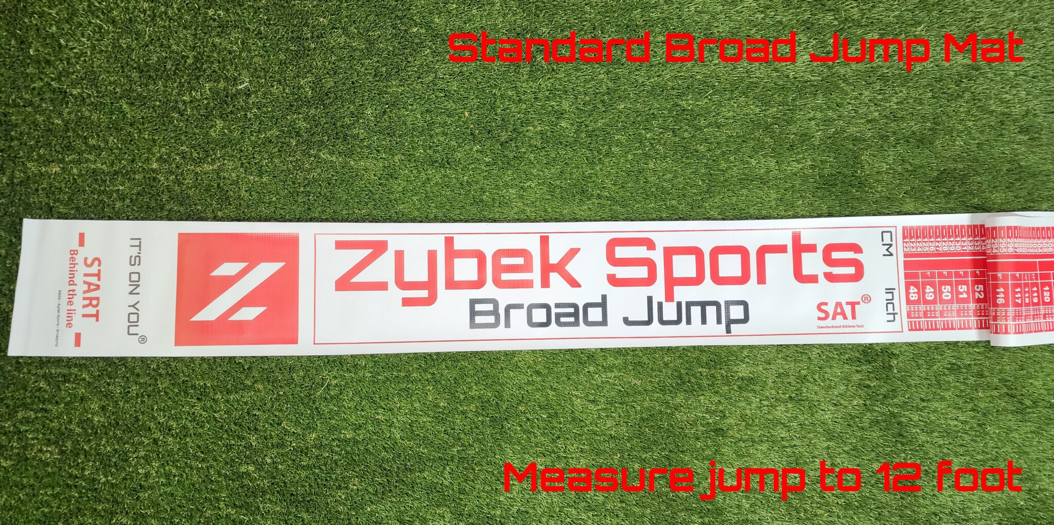 A sign that says zybek sport broad jump and is in standard brand.