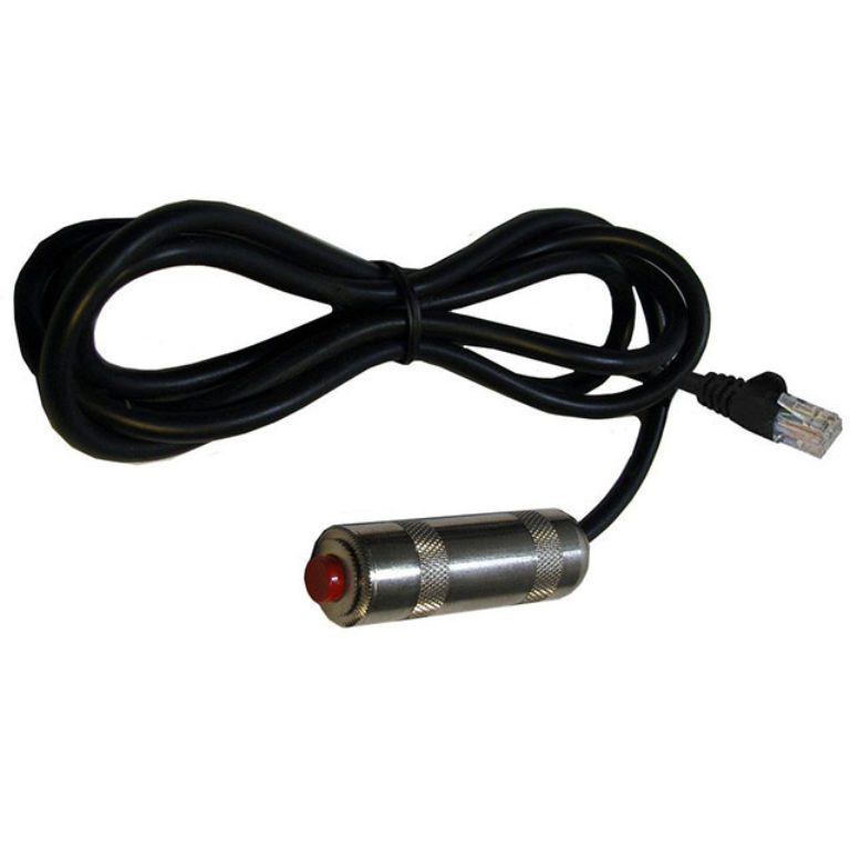 A black cord with a red light on it