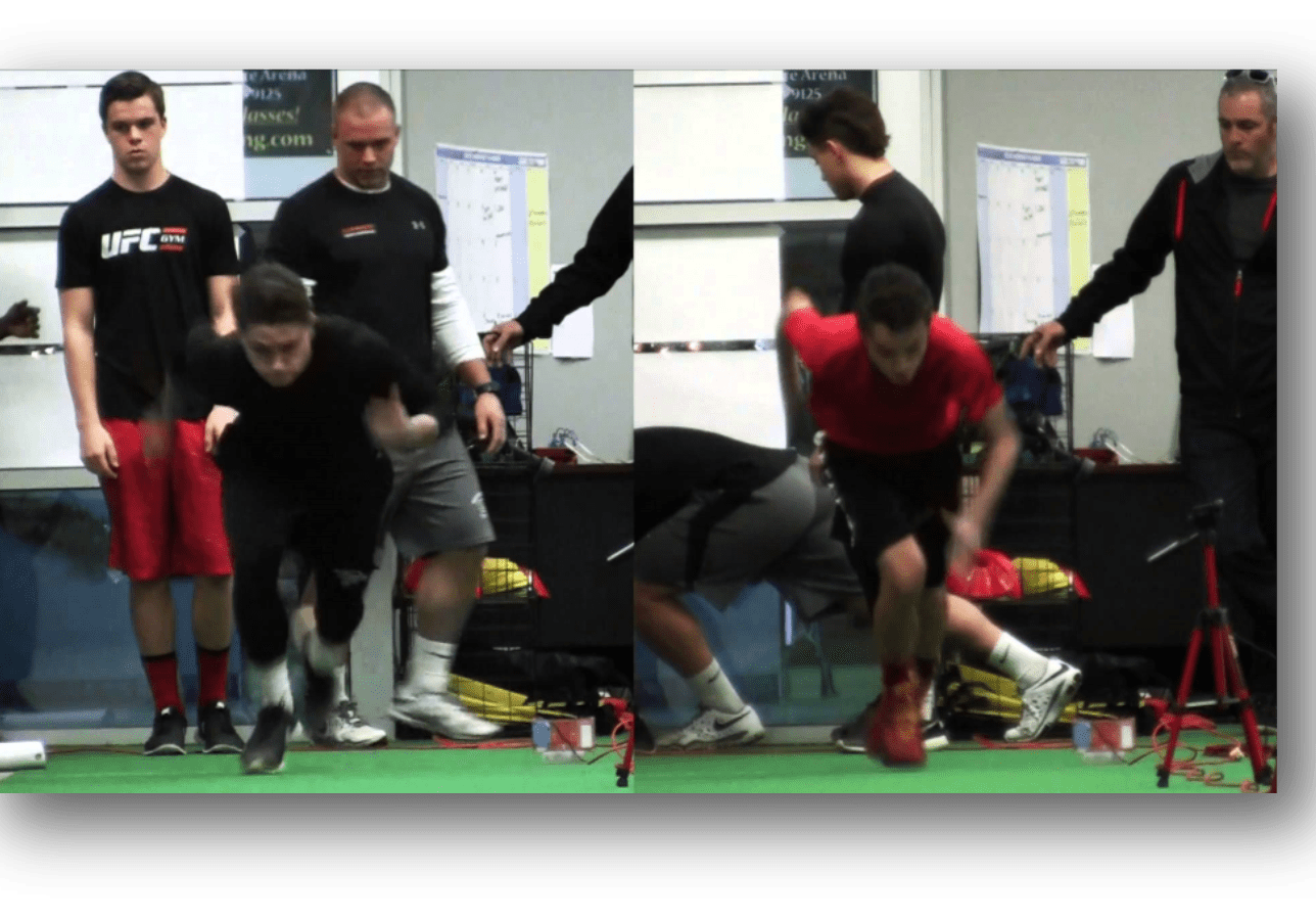 Two pictures of a man doing squats with his trainer.